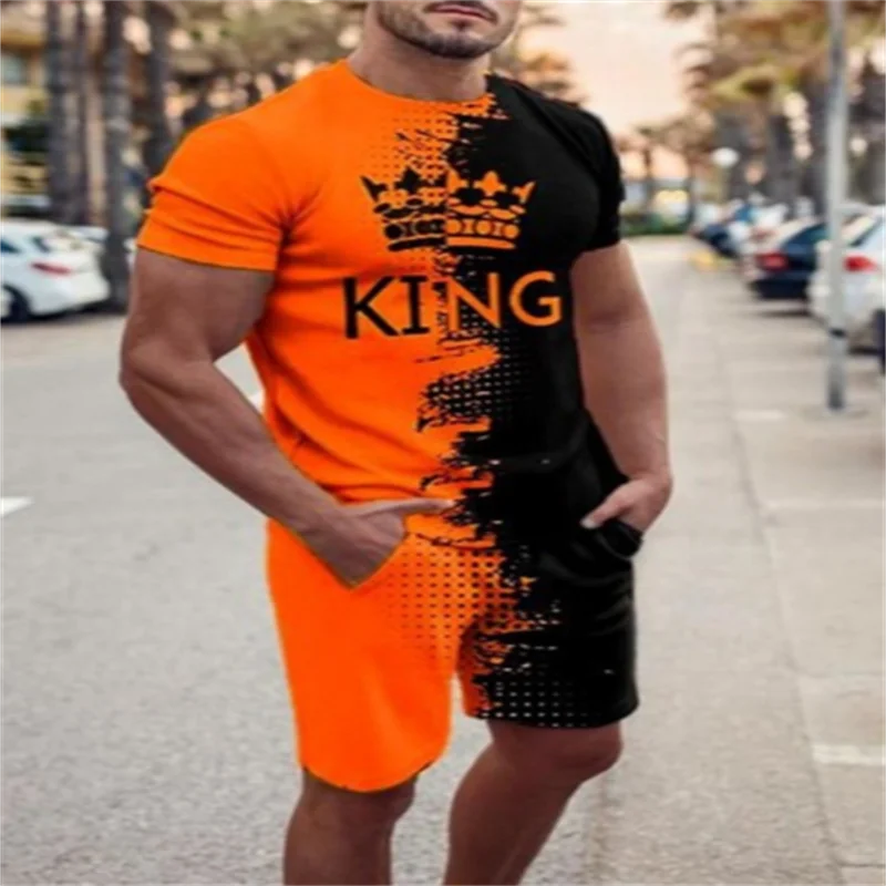 

Men's Casual Sweatshirt T-Shirt Suit Summer Super Good-Looking Vintage Fashion Crown Pattern Printed Short Sleeve Top And Shorts