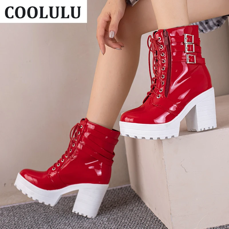 

COOLULU Patent Leather Ankle Boots Platform High Heel Chunky Heel Booties Winter Shoes Lace Up Combat Ankle Boots for Ladies
