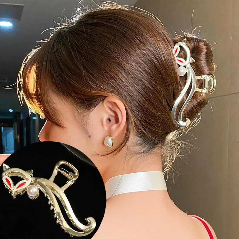 

Women Elegant Metal Fox Hair Claw for Female Vintage Hair Clips Headband Hairpin Rose Hair Crab Pearl Hair Accessories 2022