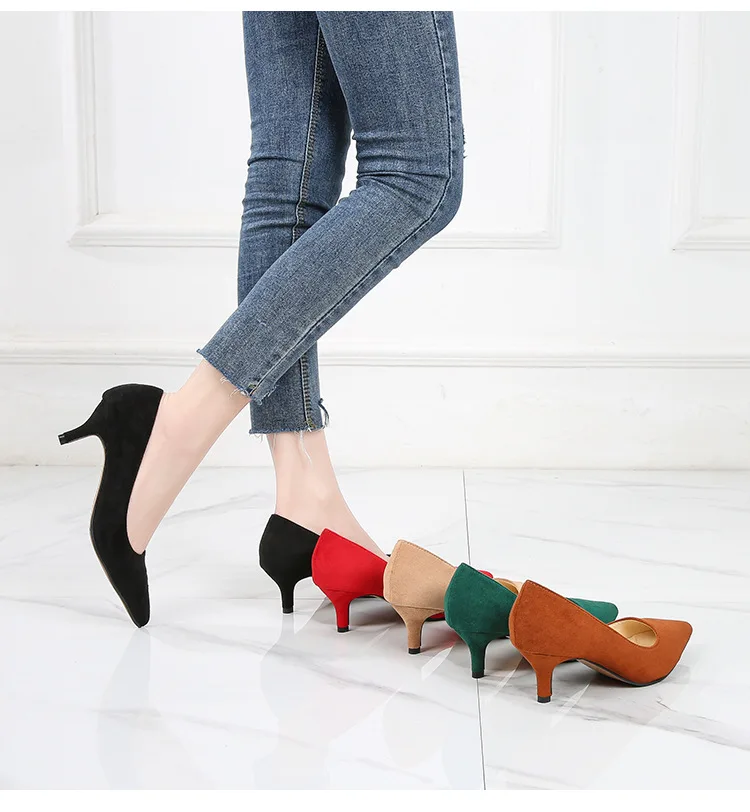Spring AutumNew Women High Heel Pumps Middle heel Suedes Stiletto Professional Pointed Toe Daily OL Work Shoes Casual Large Size
