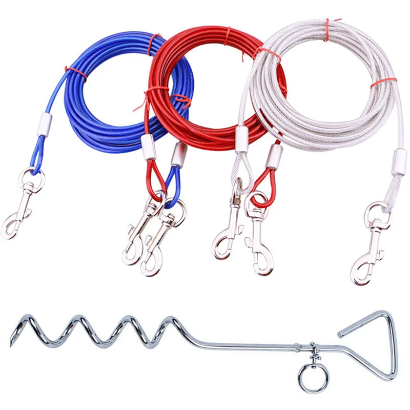 

3M Outdoor Pet Leash With Dog Fixed Pile Metal Screw Stake For Camping Garden Ground Steel Wire Dogs Leads Leashes Set