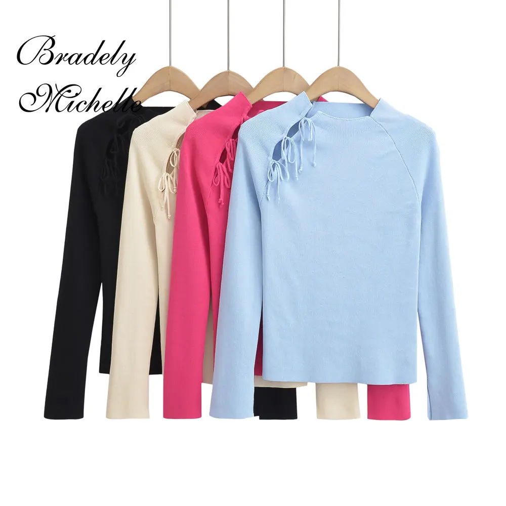 

Women's Spring Streetwear Retro Stand Collar Split Sweater Mujer Solid Long Sleeve Loose Pullover Top