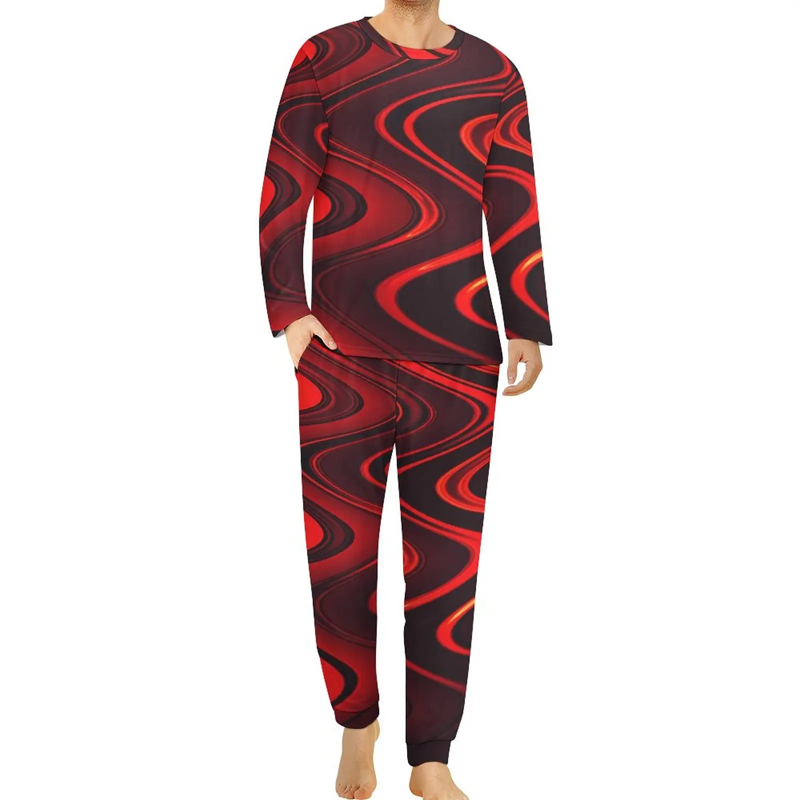 

Abstract Swirls Pajamas Long-Sleeve Red And Black 2 Pieces Sleep Pajama Sets Autumn Man Printed Lovely Big Size Nightwear