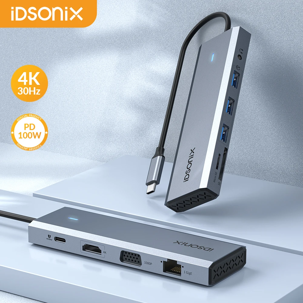 

IDSONIX USB C Hub Docking Station Type C to Multiport Adapter with 4K HDMI-compatible PD 100W Gigabit Ethernet SD/TF for Laptop