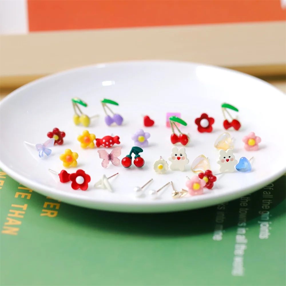 

1Set Kids 925 Silver Stud Earring Set for Girls Cute Fruit Animal Ear Studs Cherry Butterfly Heart Candies Jewelry Girls Gift