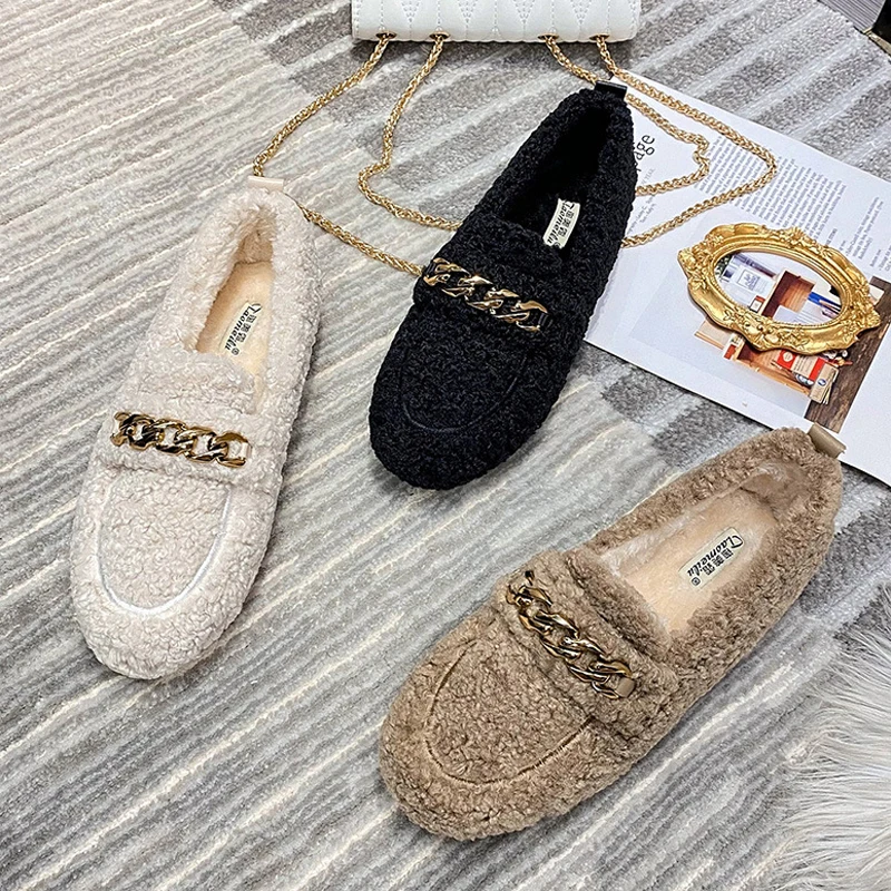 Designer Lambswool Winter Cotton Shoes Women Loafers Warm Comfy Curly Sheep Fur Flats Mocasines Mujer