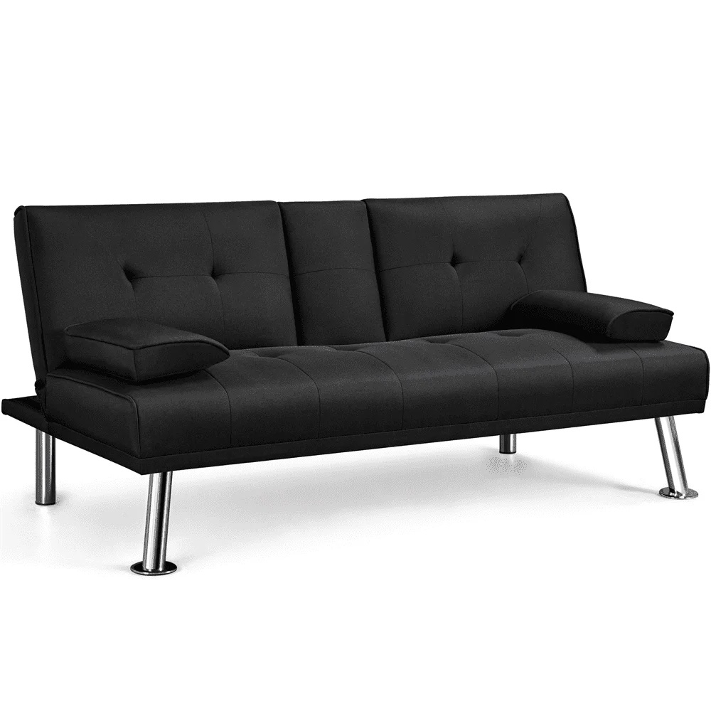 

Modern Fabric Reclining Futon Sofa Bed with Cupholders and Pillows, Black for Livingroom, Home or Office