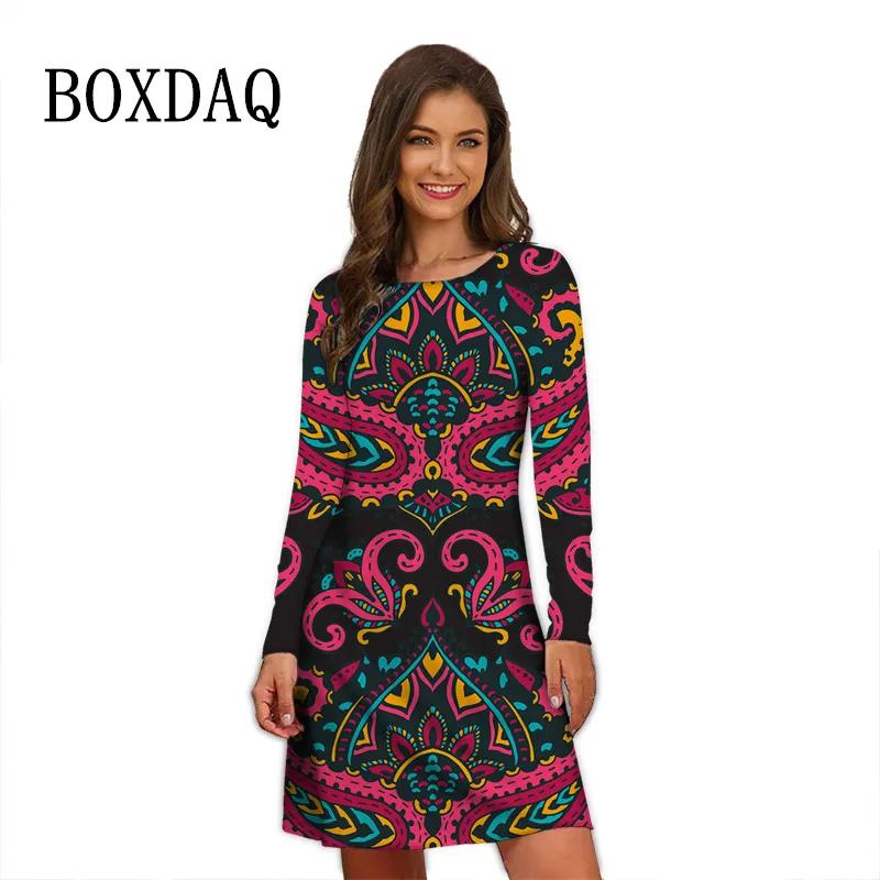 

2022 Women Bohemian Print Dress Long Sleeve Vintage A-Line Dress Loose Oversized Clothing Casual Retro Ethnic O-Neck Mini Dress