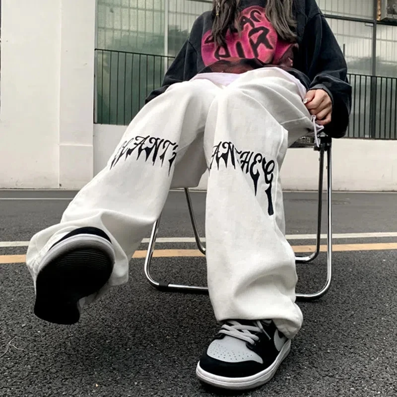 High Steet Women's White Print Jeans Y2K Korea Men's Harajuku Casual Streetwear Clothes Baggy Jeans Trousers Male Wide Pants
