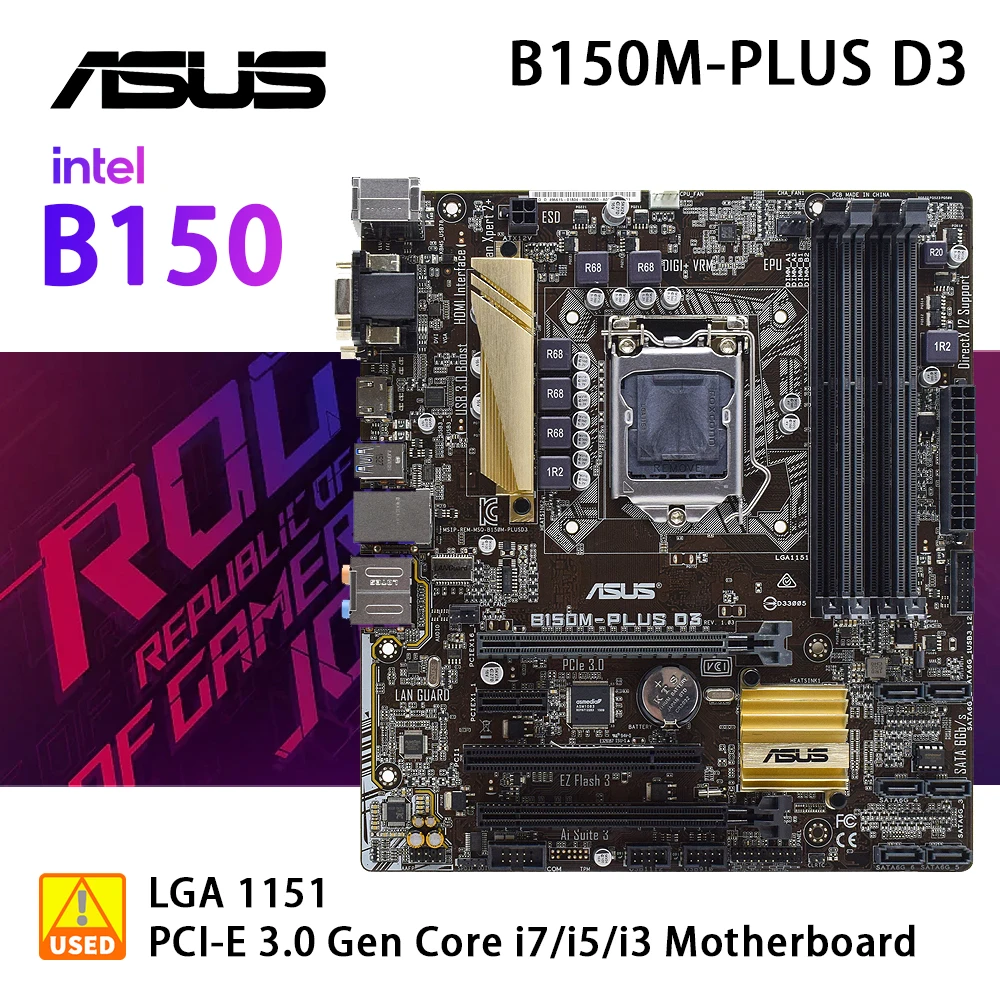 

ASUS B150M-PLUS D3 LGA 1151 Motherboard Intel B150 4×DDR3 64GB PCI-E 3.0 6×SATA III USB3.0 Micro ATX For Sixth Gen Core i7/i5/i3