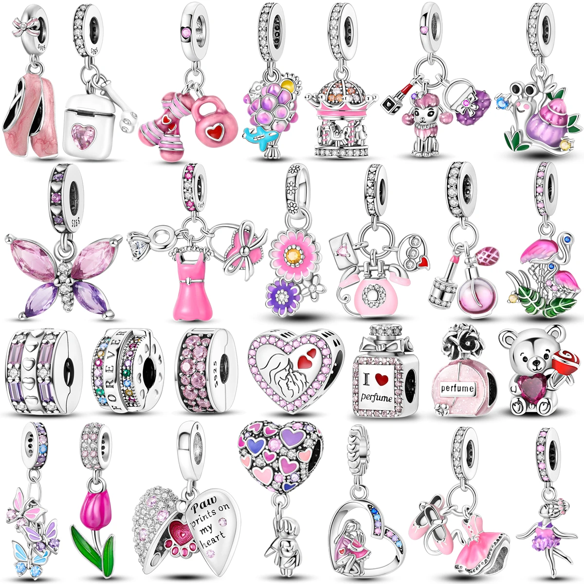 Бусины-подвески серебряные розовые в форме бабочки 925 пробы