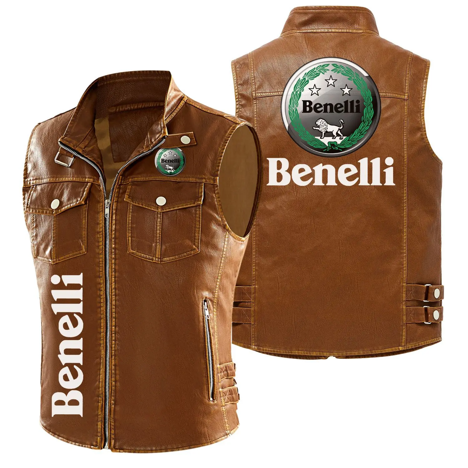 

Men Vest Black Benelli Logo Biker Motorcycle Hip Hop Waistcoat Male Faux Leather Black Spring Summer Sleeves Leather Vest