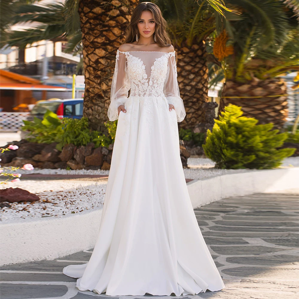 

Beach Wedding Dress Pearl Beading Applique Off The Shoulder Illusion Wedding Gown A Line Pockets Long Sleeves Summer Bridal Gown
