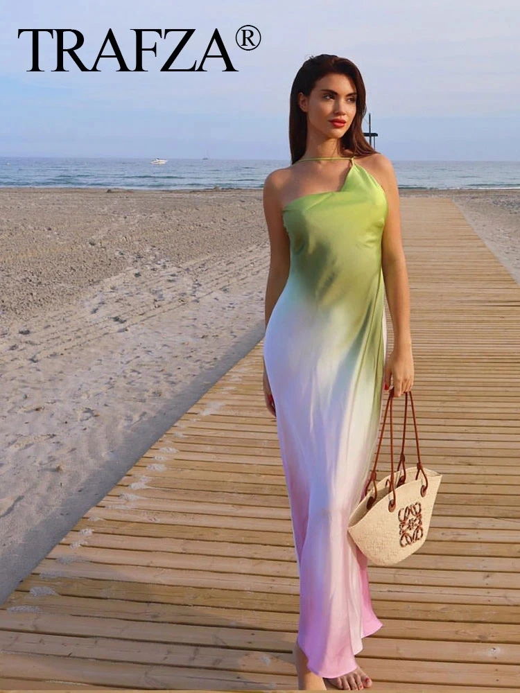 

Пляжное вечерние на одно плечо асимметричное элегантное шикарное платье с открытой спиной женское Новое модное приталенное платье с градиентным принтом на лето