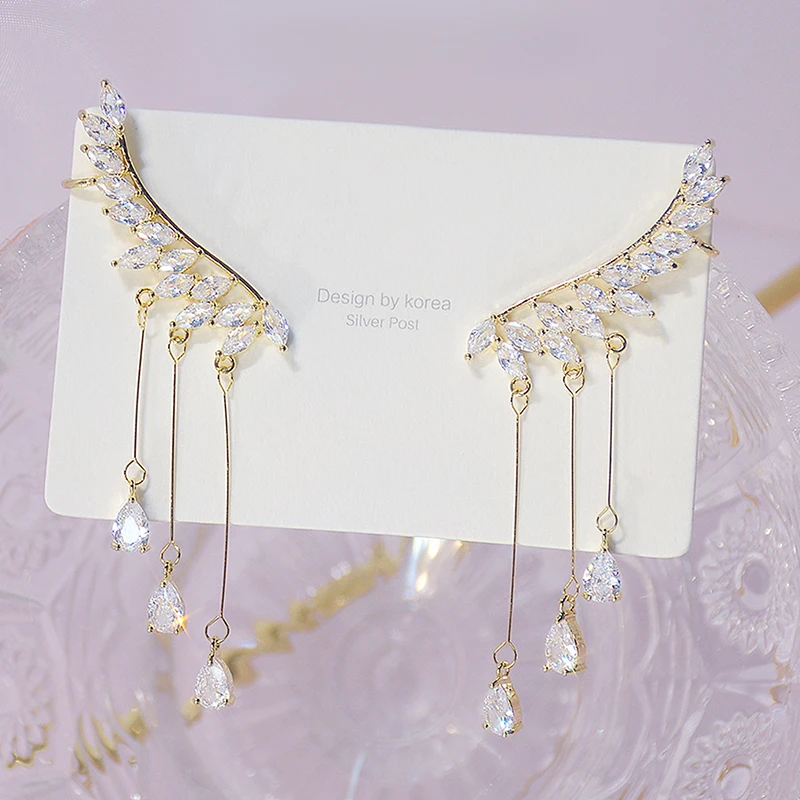 

Korean Trendy Bling Zirconia Wing Tassel Earring for Women AAA Transparent Zircon Temperament Shining Stud Earring Pendant Gift
