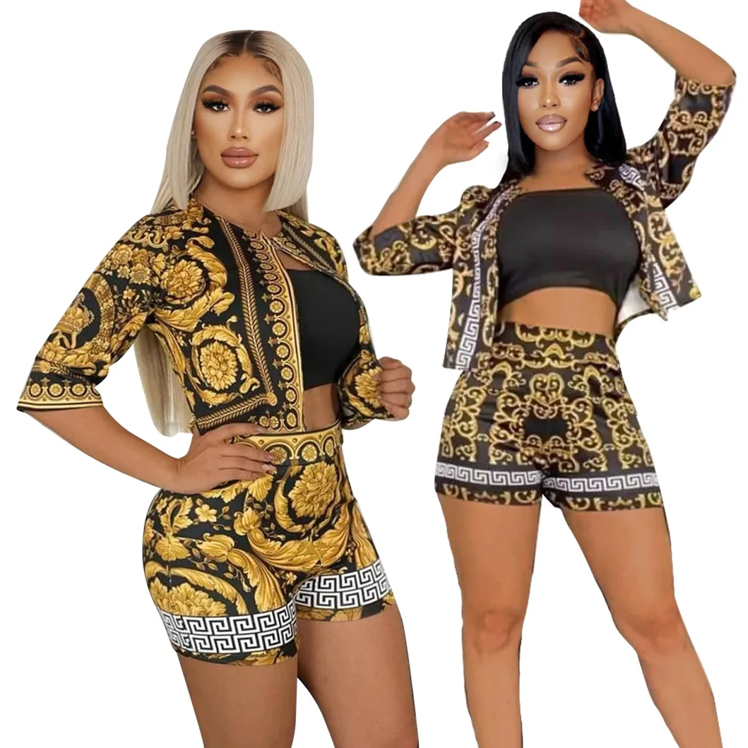 

2022 Summer New Casual Ladies Vintage Chain Print Blazer Top and Shorts Set Elegant Office Ladies Suit Ladies Workwear Two Piece