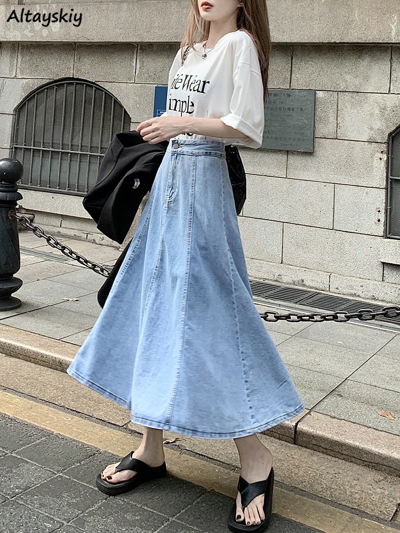 

Skirts Women Medium-long New Design Summer Denim High Waist Fashion Street Simple Blue Leisure A-line Korean Style Chic Faldas