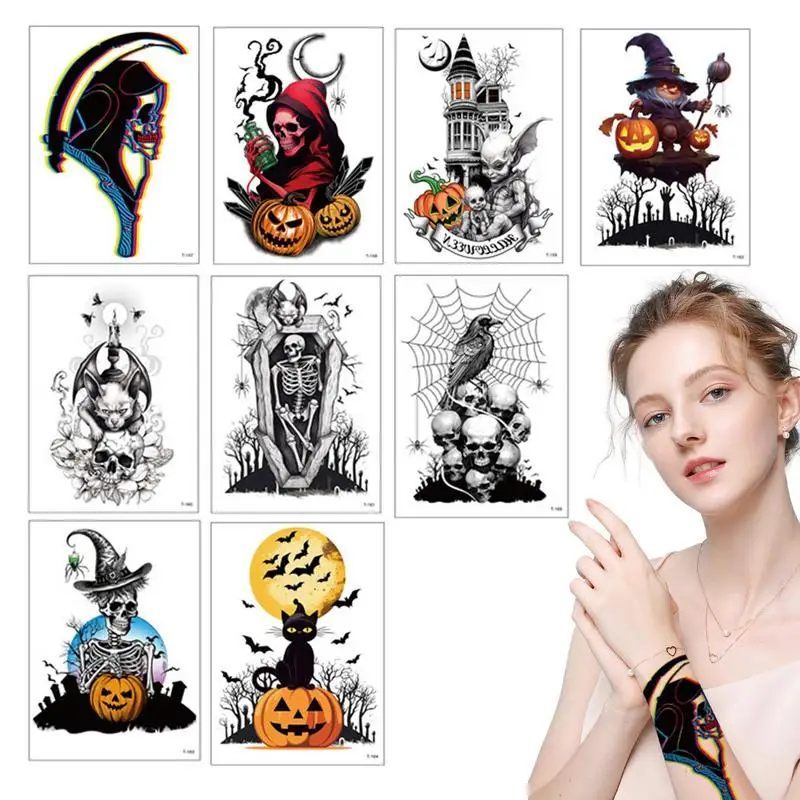 

Временная татуировка на Хэллоуин, 9 листов, татуировка с призраком, тыквой, черепом, наклейки 15*21 см, искусственная татуировка на руку, на шею, грудь