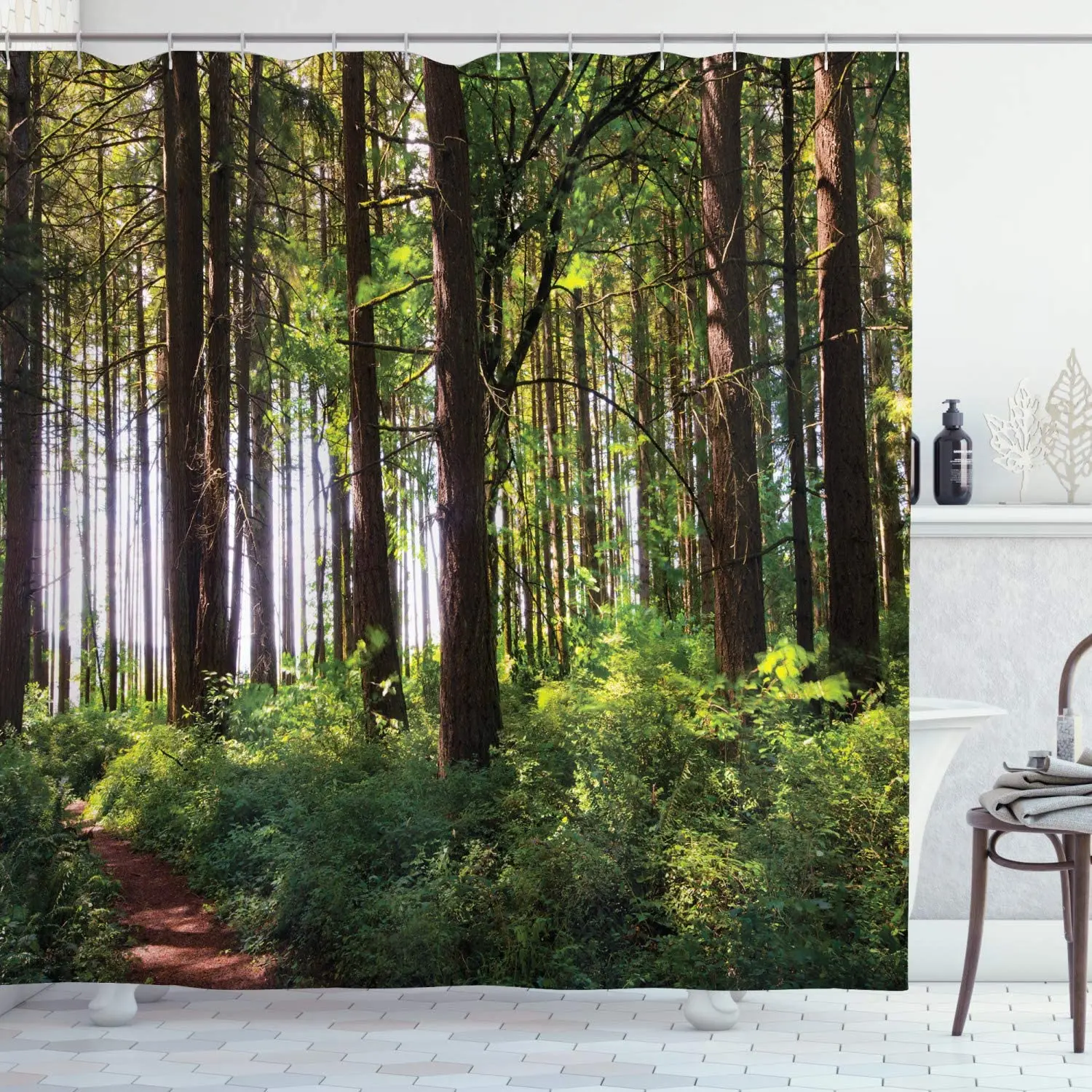 

Forest Shower Curtain, Pathway in a Shady Forest of Bushes and Thick Trunks Grass Unique Wild Life Scenery, Cloth Fabr