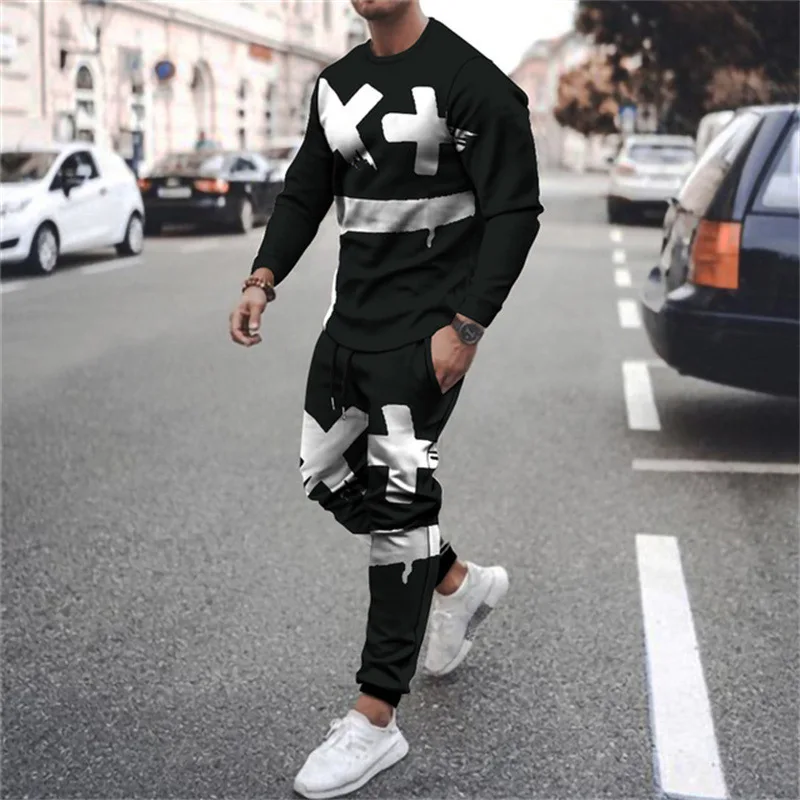 Tracksuit Set Men Long Sleeve T-shirt 2-Piece Street 3D Funny Expression Print Casual Oversized Short Pant Set