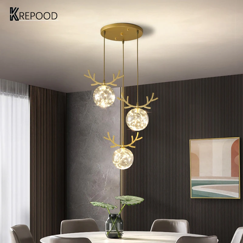 

3 Heads LED Modern Pendant Light Hanging Lamp for Ceiling Dining Room Table Bar Nordic Iron Glass Deer Horn Starry Sky Luminaire