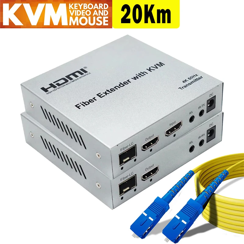 4k 60hz HDMI KVM genişletici Fiber optik kablo 20Km HDMI Fiber genişletici KVM Video dönüştürücü destek USB klavye fare