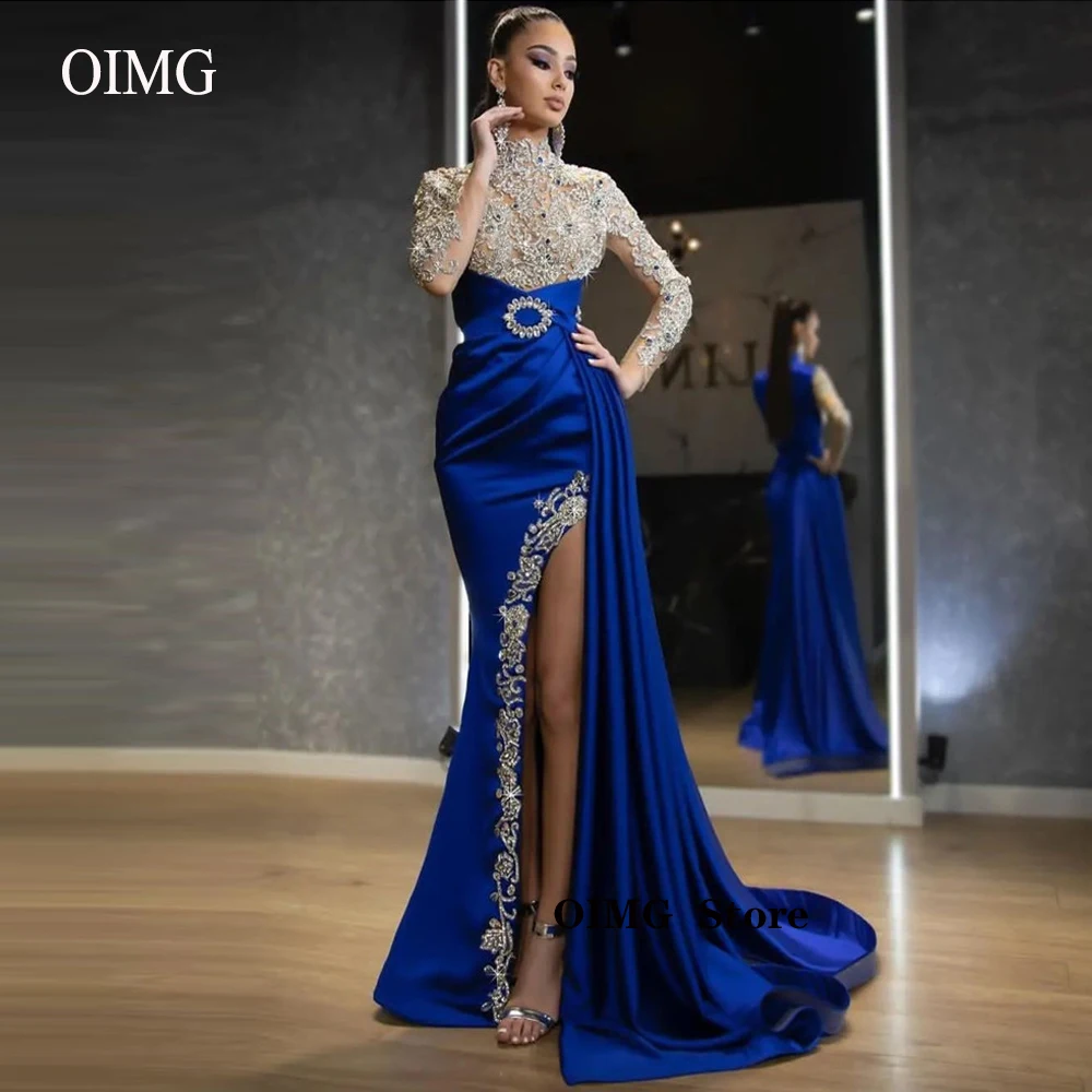 Купи OIMG Sparkly Beads Blue Satin Mermaid Evening Dresses Long Sleeves High Neck Split Applique Prom Gowns Dubai Women Formal Dress за 5,530 рублей в магазине AliExpress