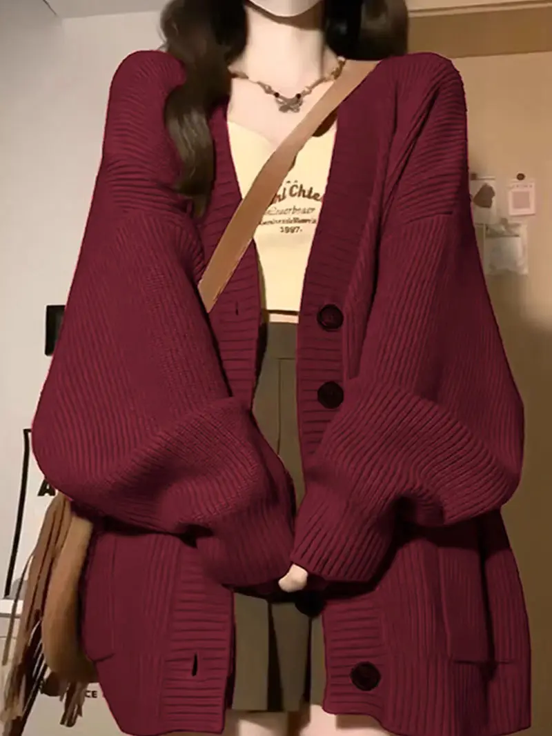 Красный вязаный кардиган женский повседневный ретро-куртка в ленивом стиле