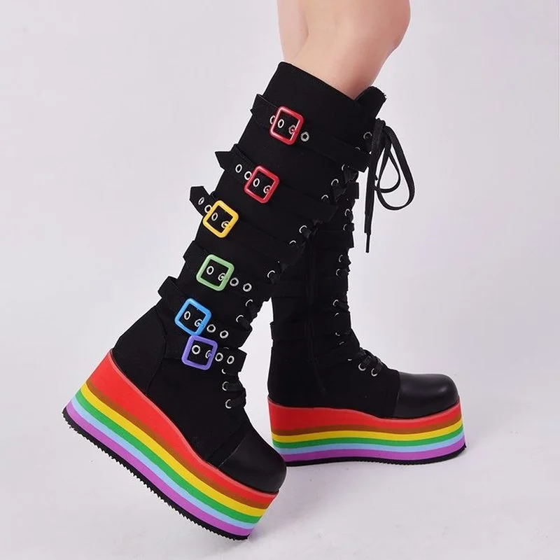 

Women's Boots 2022 New Arrivals Punk Platform Cool Chunky High Wedges Mid Calf Boots Autumn Buckle Trendy Multicolor Party Shoes