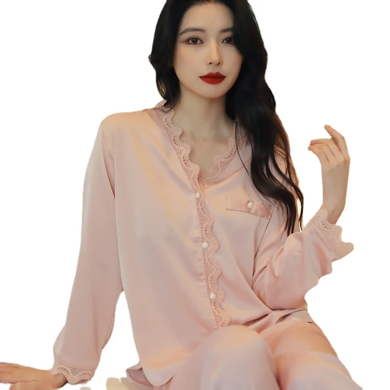 Lace Sexy Silk Pajamas Women's Long-Sleeved Suit Korean-Style Home Loose Ice Silk Thin Homewear