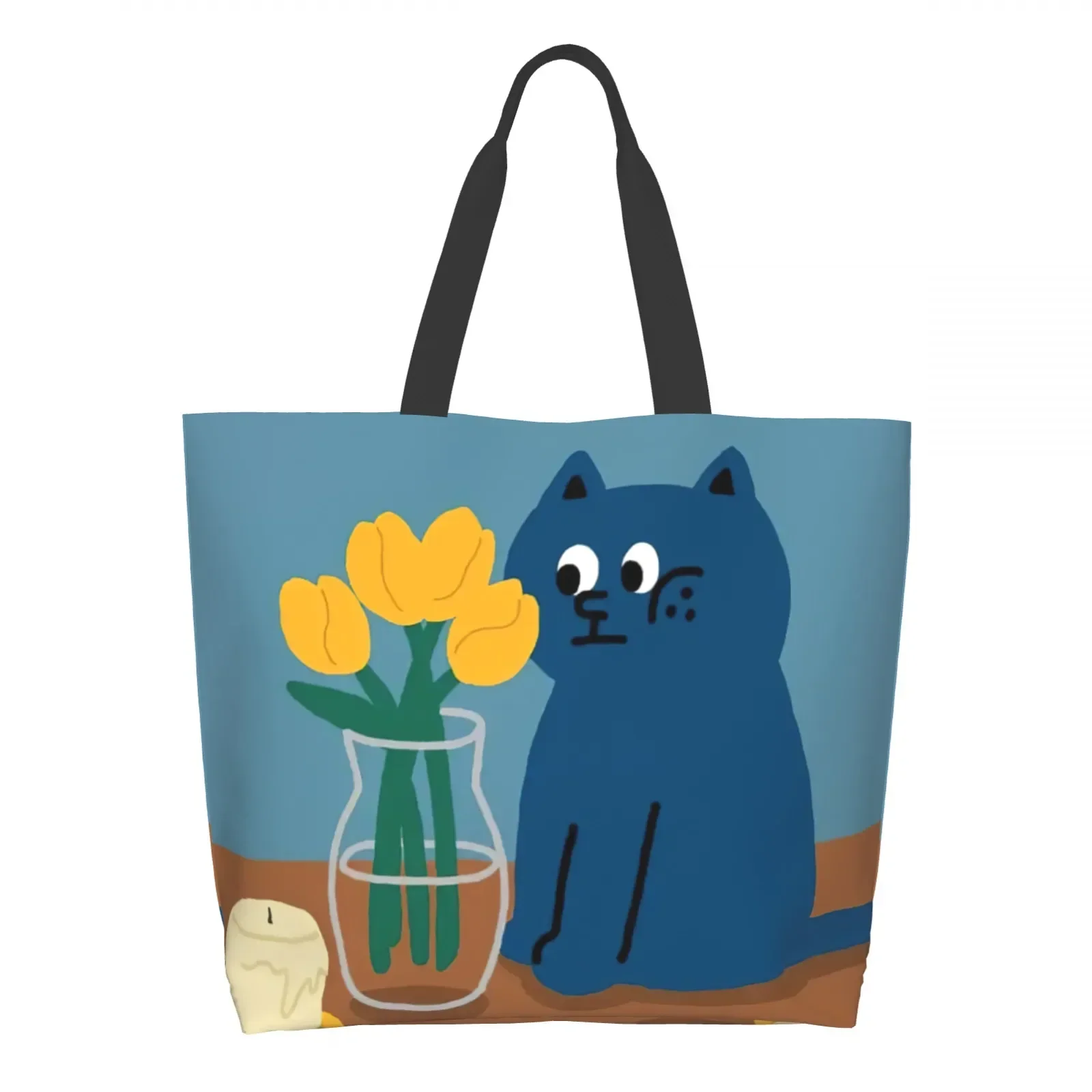 

Cat With Flowers Tote Bag Shopping School Tote Bags Large Capacity Grocery Bag Lightweight Reusable Shoulder Bag
