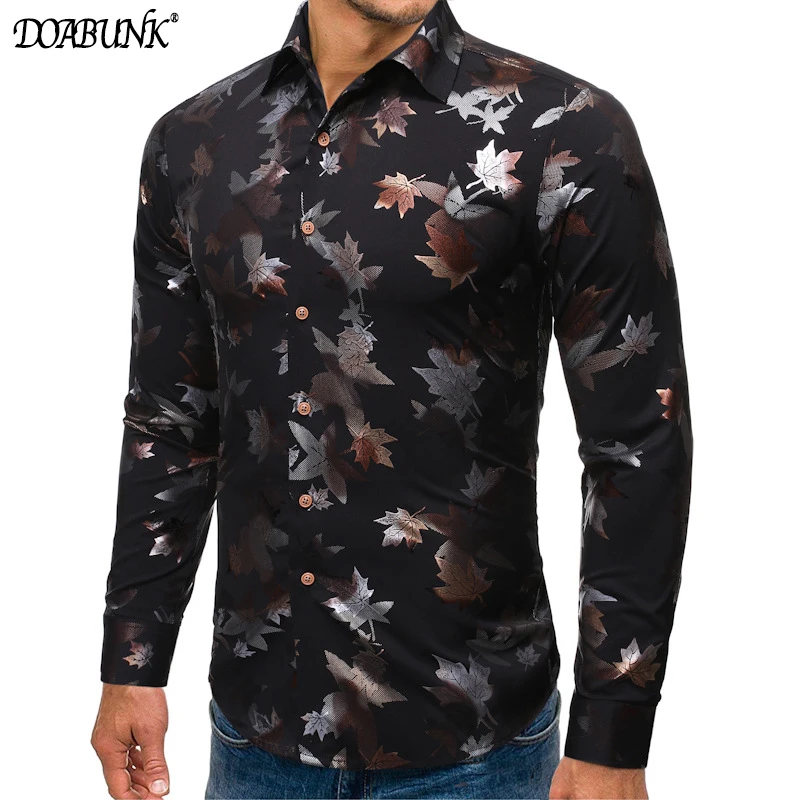 

2022 New Men's Slim Fit Floral Shirts Male Long Sleeve Black Printed Shirt Casual Tops S-2XL