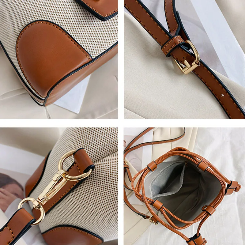 New Canvas Bag for Women Contrast Bucket Handbag Fashion Simple Shoulder Messenger Bags Casual Crossbody Commute Portable Satche