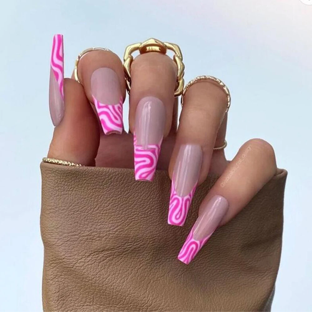 

24PCS Pink Waves Ballet Nails French Style Super Long Finished Nail Piece with Jelly Gel/Glue Fake Nails for Women & Girls SAL99