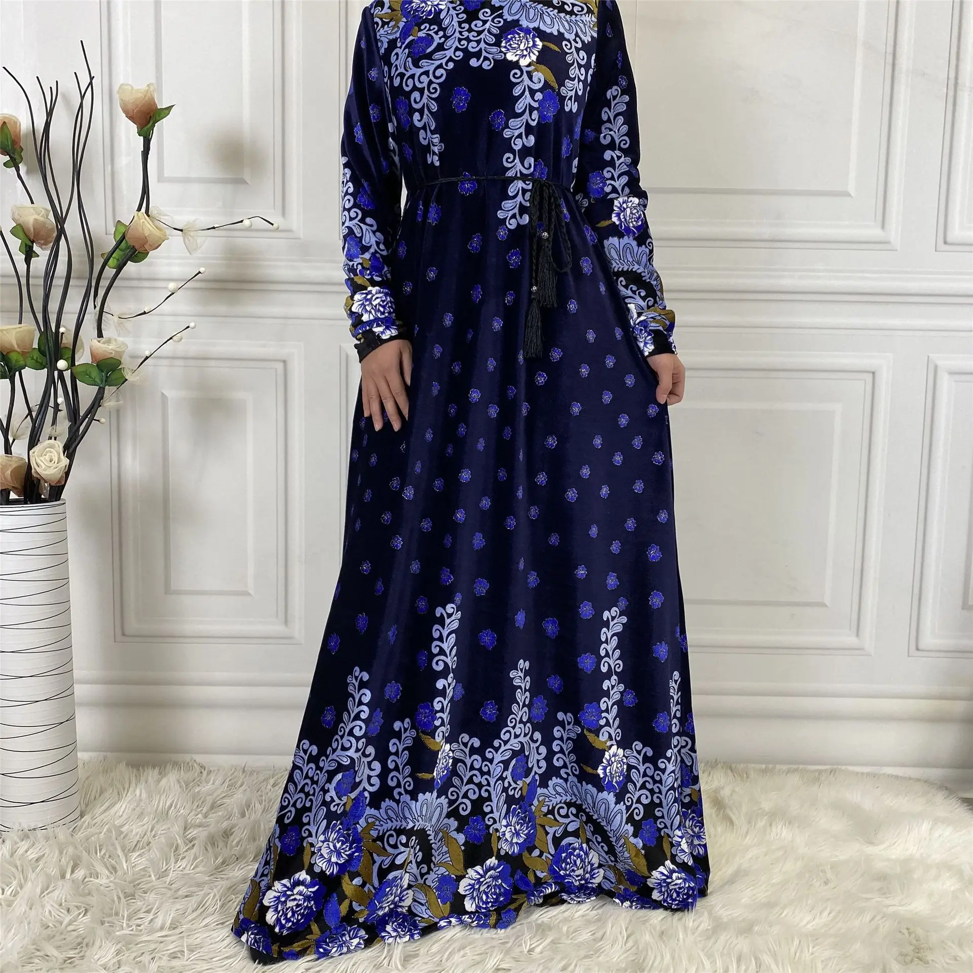 Middle East Fashion Velvet Print Dubai Abaya Turkey Kaftan Islamic Clothing Muslim Woman Maxi Dress  muslim dress