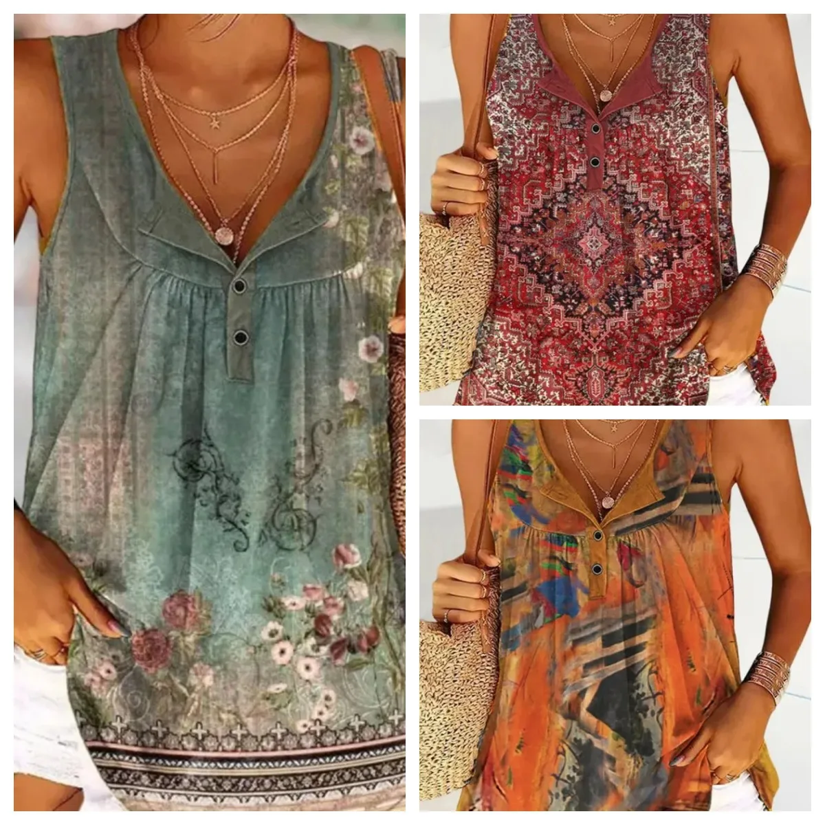 

Printed V-shaped Crewneck Doorman Buttoned Vest Loose Top for Women Clothing Casual Classic Sleeveless All-match T-shirt Fashion