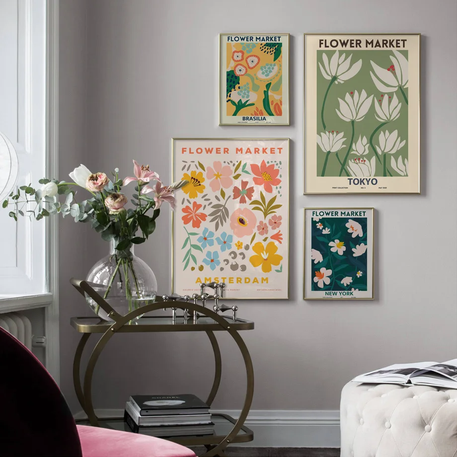 

Минималистичные абстрактные постеры с изображением цветов и рынков в скандинавском стиле, современное настенное искусство, Картина на хол...