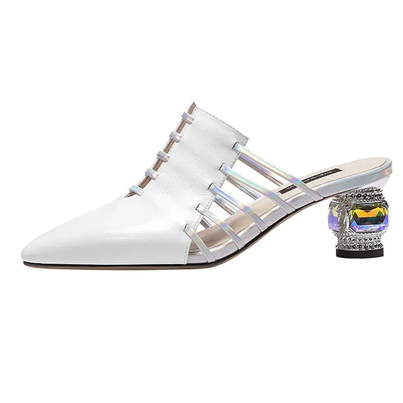 Genuine Leather Pointed Woman Pumps Elegant Non-Slip Hollow Crystal Wedding Shoes 2022 Fashion comfor Luxury Designer Slides