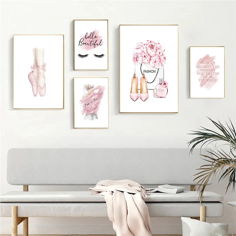 

Fashion Perfume Makeup Art Poster And Print Pink Dress Sweet Flower Picture Wall Art Canvas Painting Modern Pictures Home Decor