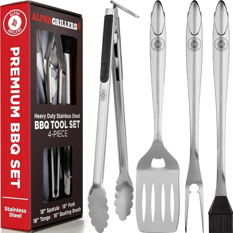

Alpha Grillers Grill Set Heavy Duty BBQ Accessories - BBQ Gifts Tool Set 4pc Grill Accessories with Spatula, Fork, Brush & BBQ