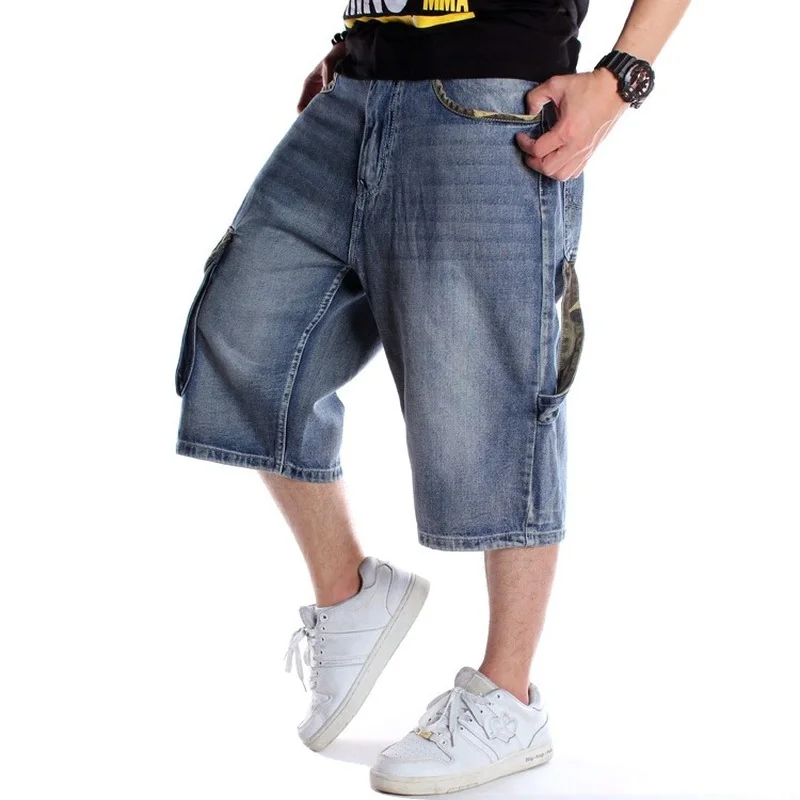 Summer Men's Wide Leg Denim Shorts Loose Straight Skating Pants Multi-pocket Shorts Middle Pants Jeans Plus Size