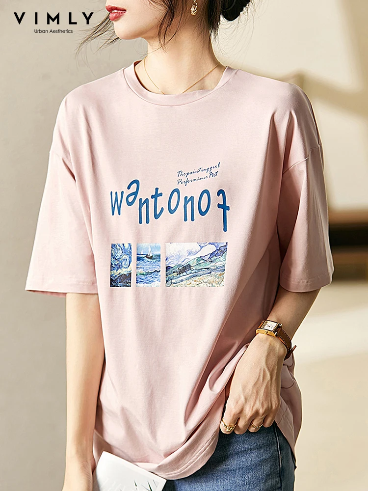 

VIMLY Pink T-shirt for Women 2022 Summer Loose Casaul Oneck Short Sleeve Letter Printing Tops Korean Youth Female Clothing V2809