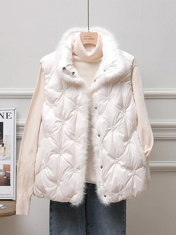 

Fitaylor зимнее женское белое пуховое пальто с воротником-стойкой, однобортный жилет без рукавов, норковая Меховая куртка в стиле пэчворк