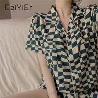 caiyier 2022 summer grid print women sleepwear korean women short sleeve shorts leisure nightwear soft luxury female underwear