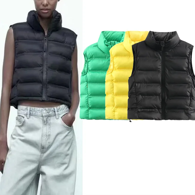 

TRAF 2023 Casual Womens Cotton Vest Fashion High Collar Sleeveless Jacket Coat Woman Vintage Zipped Side Pocket Thickened Vests