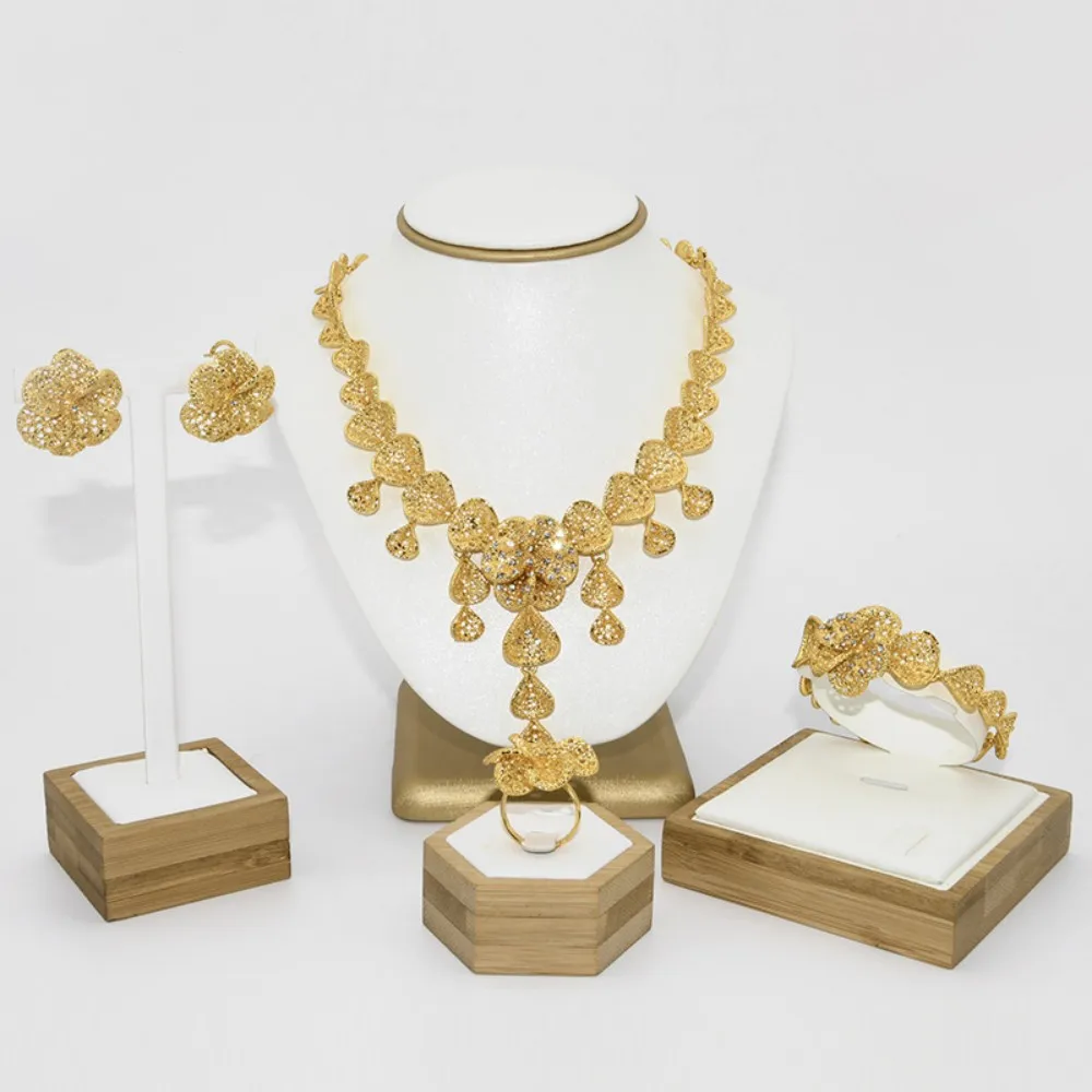 

Dubai Gold Color Flower Jewelry Sets For Women Africa Earring Necklace Bracelet Ring Nigeria Bridal Wedding Party Gift