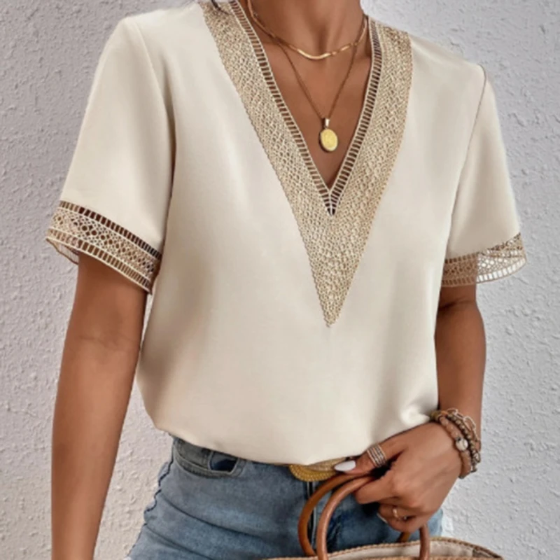 

Women's V-neck Splicing Lace Blouse Elegant Commuter Loose Short Sleeve Shirt Female 2023 Summer British Style Daily Casual Tops
