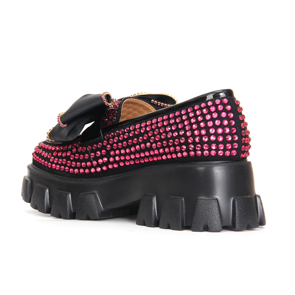 Loafers Shoes for women Platform Bowknot Rhinestone Cow Cuede 2023 New In Brand Summer Fashion Luxury Designer Shoes