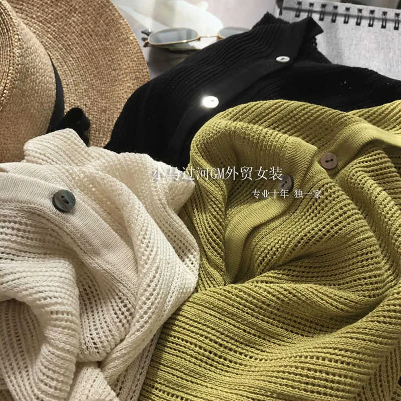 

Women Solid Color High Quality Linen Thread Hollow Out Long -sleeves Tops Thin Knitted Cardigan Outwear Sun Protection Clothing