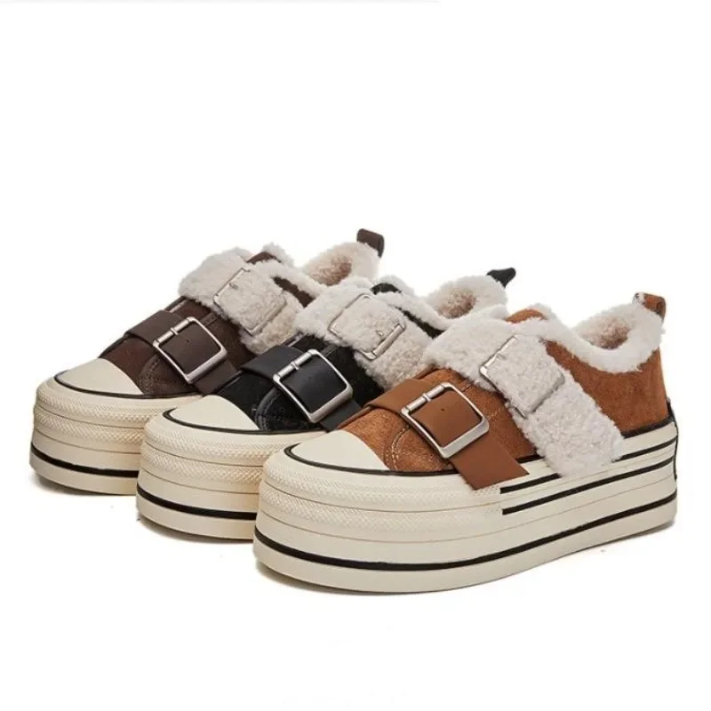 6CM Thick-soled Women's Sneakers Shoes 2025 New Winter Non-slip Casual Female Plus Velvet Velcro Women Skateboard
